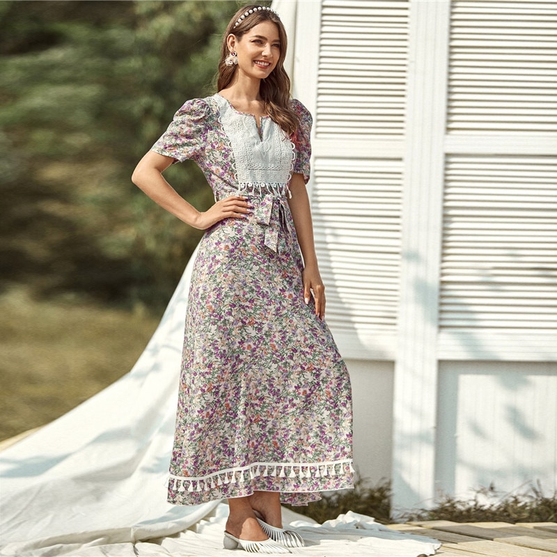 Floral Printed Belted Maxi Dress for Women