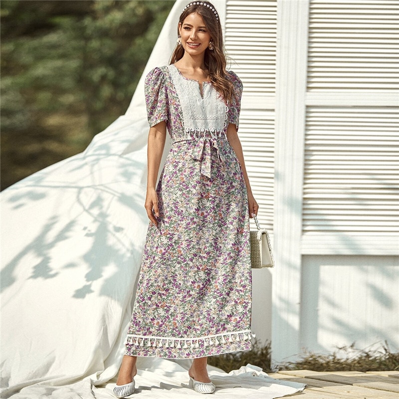 Floral Printed Belted Maxi Dress for Women