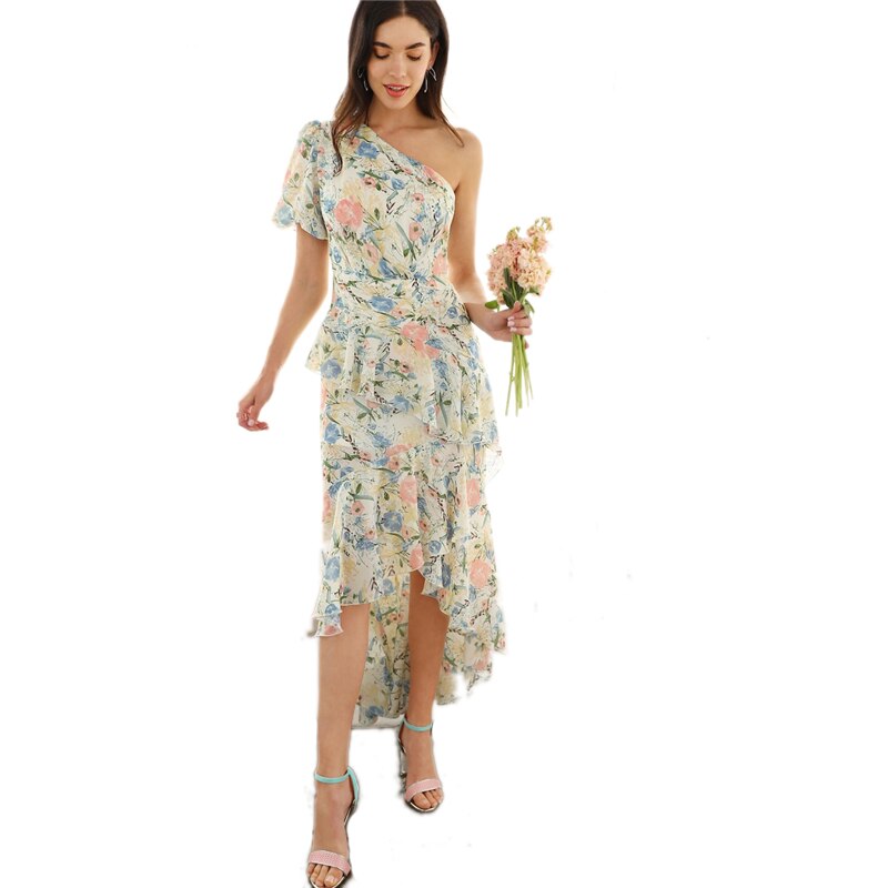 Women's Floral Printed Asymmetric Dress Women's Floral Printed Asymmetric Dress