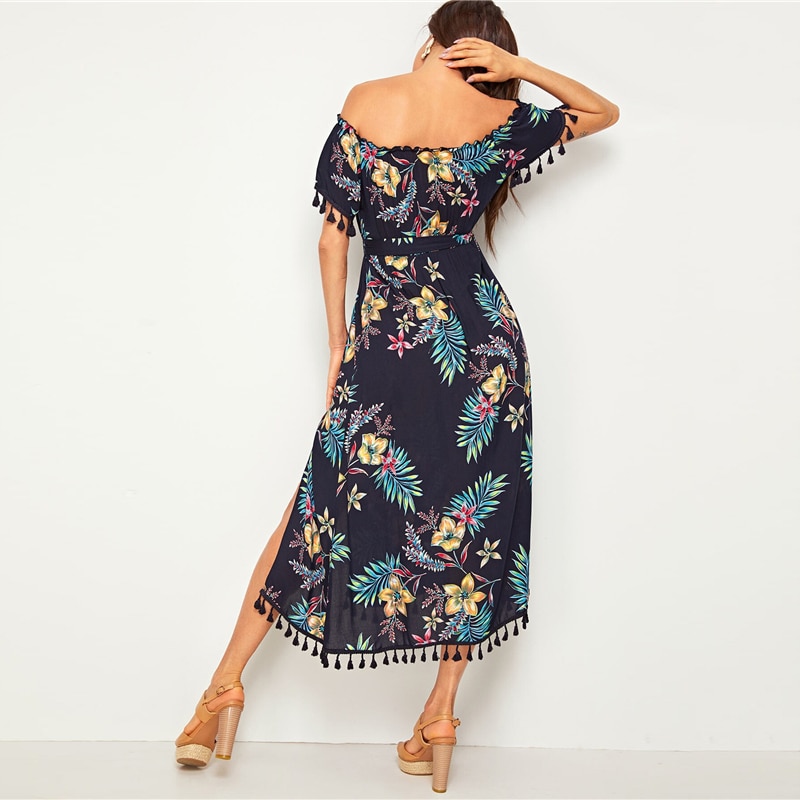 Women's Tropical Printed Off-Shoulder Dress