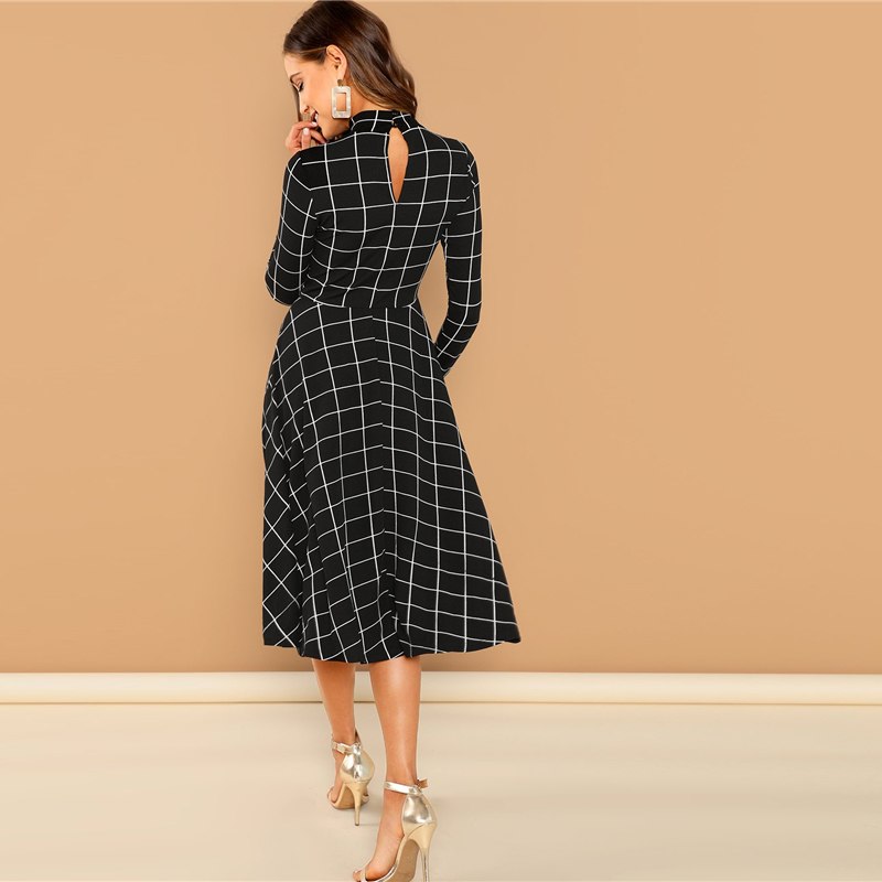 Women's Fit And Flare Black Plaid Dress Women's Fit And Flare Black Plaid Dress