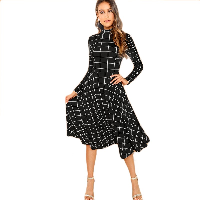 Women's Fit And Flare Black Plaid Dress Women's Fit And Flare Black Plaid Dress